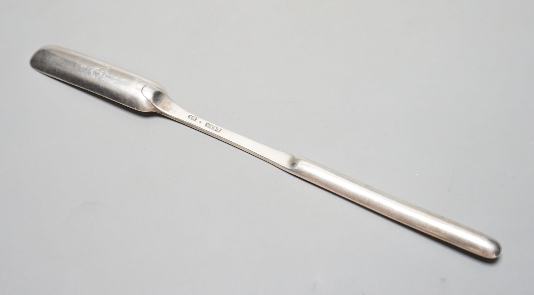 A George III Irish silver marrow scoop, Samuel Neville, Dublin, 1818, 25.2cm.